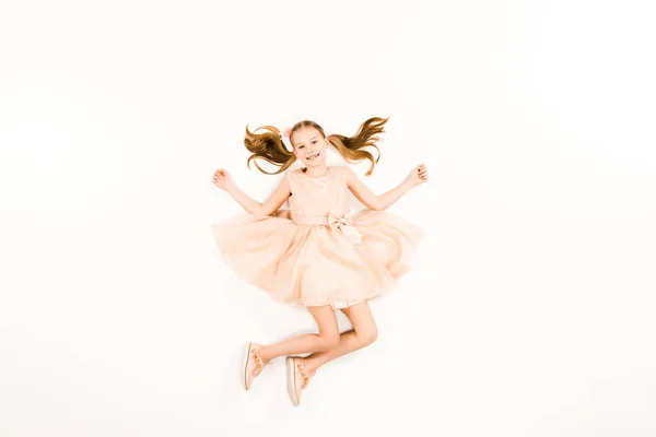 Top View Happy Child Looking Camera While Flying White — Stock Photo, Image