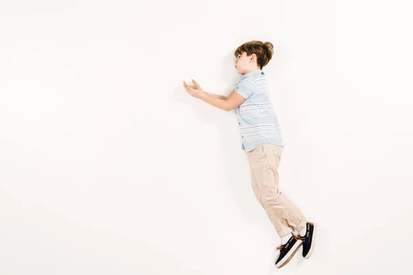 Cute Child Blue Shirt Lying Gesturing White — Stock Photo, Image