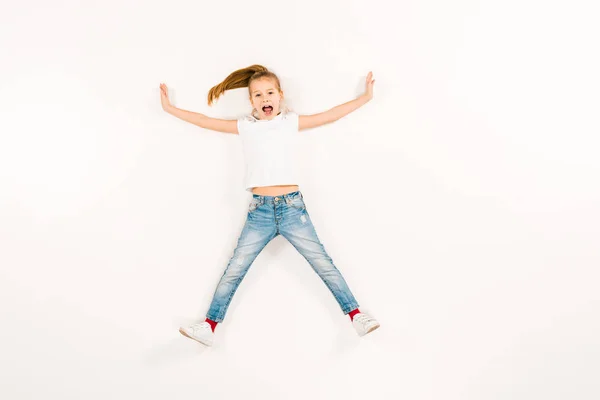 Top View Scared Kid Screaming While Lying White — Stock Photo, Image