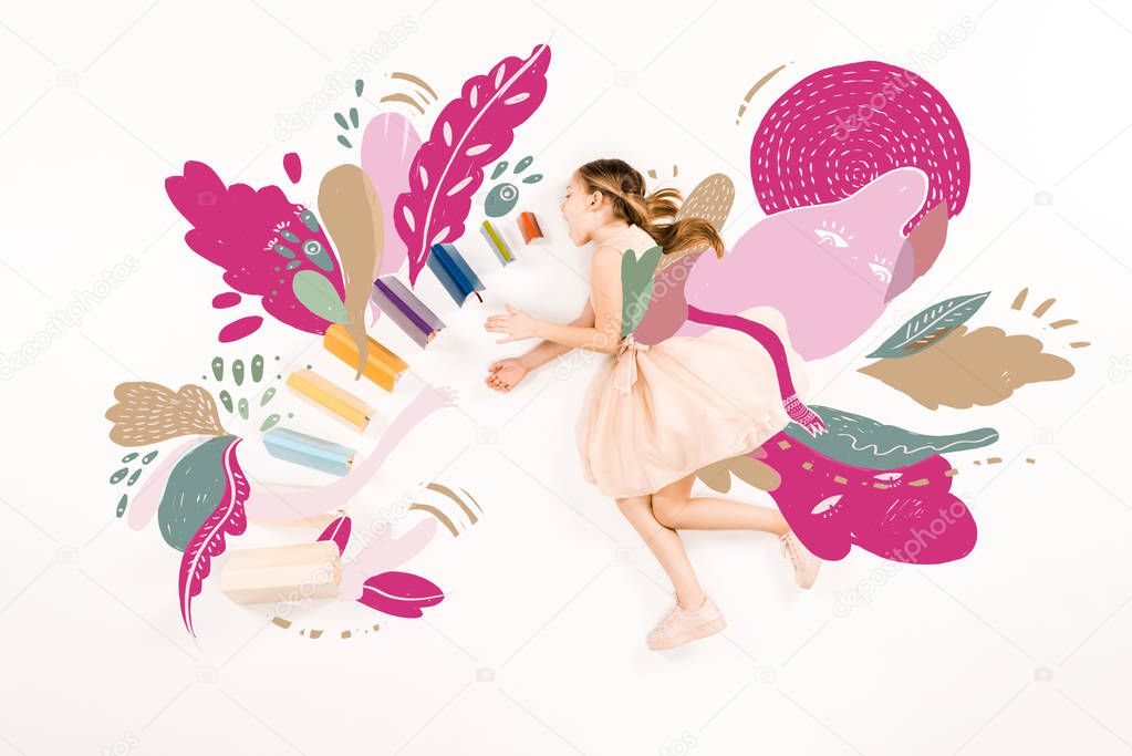 top view of cute kid in pink dress flying with open mouth near books on white 