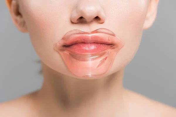 Cropped View Young Woman Lip Mask Isolated Grey — Stock Photo, Image