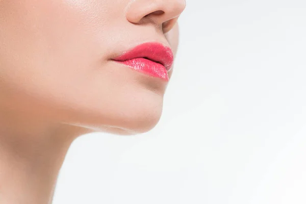 Cropped View Young Woman Pink Lips Isolated White — Stock Photo, Image