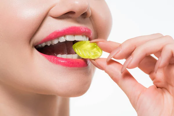 Cropped View Cheerful Girl Eating Yellow Jelly Candy Isolated White — Stock Photo, Image