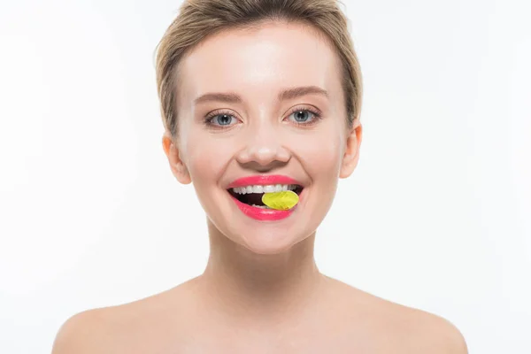 Attractive Smiling Girl Eating Yellow Jelly Candy Isolated White — Stock Photo, Image