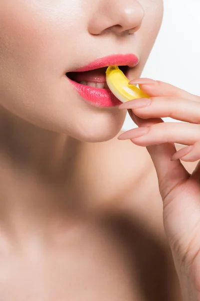 Cropped View Girl Eating Yellow Jelly Candy Isolated White — Stock Photo, Image