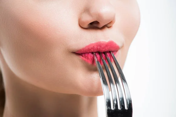 Cropped View Woman Holding Silver Fork Pink Lips Isolated White — Stock Photo, Image