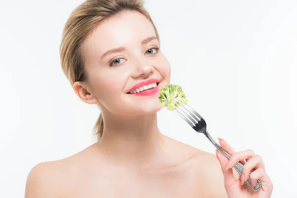 Happy Naked Woman Holding Fork Green Ripe Broccoli Isolated White — Stock Photo, Image