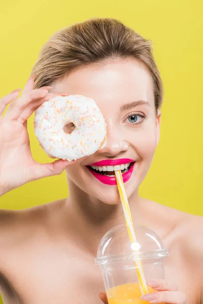 Cheerful Woman Covering Eye Tasty Doughnut While Holding Straw Mouth — Stock Photo, Image