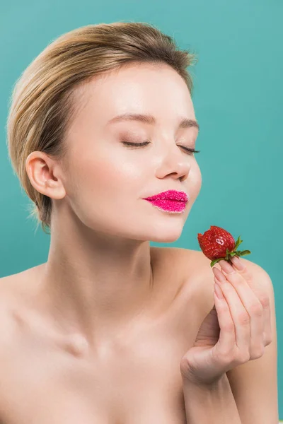 Attractive Girl Sugar Lips Holding Strawberry Isolated Blue — Stock Photo, Image