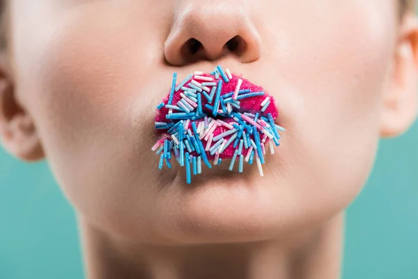 Cropped View Woman Sprinkles Lips Isolated Blue — Stock Photo, Image