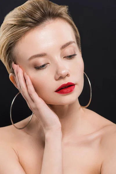 Beautiful Naked Young Woman Earrings Isolated Black — Stock Photo, Image