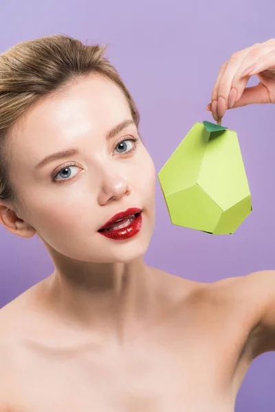 Attractive Naked Young Woman Holding Cardboard Green Pear Isolated Purple — Stock Photo, Image