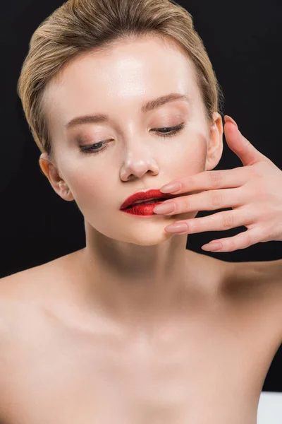 Naked Attractive Woman Touching Red Lips Isolated Black — Stock Photo, Image