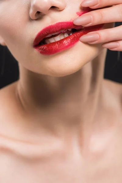 Cropped View Naked Girl Removing Red Lipstick Lips Isolated Black — Stock Photo, Image