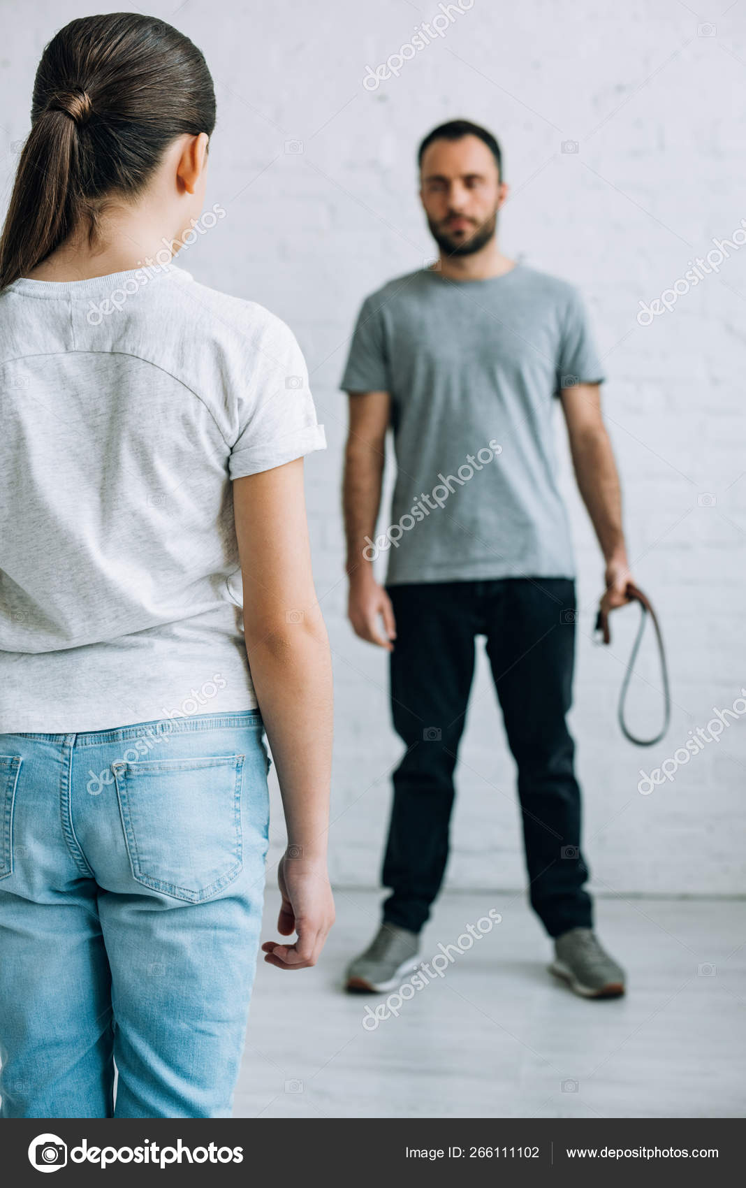 Back View Daughter Looking Father Belt Hand — Stock Photo