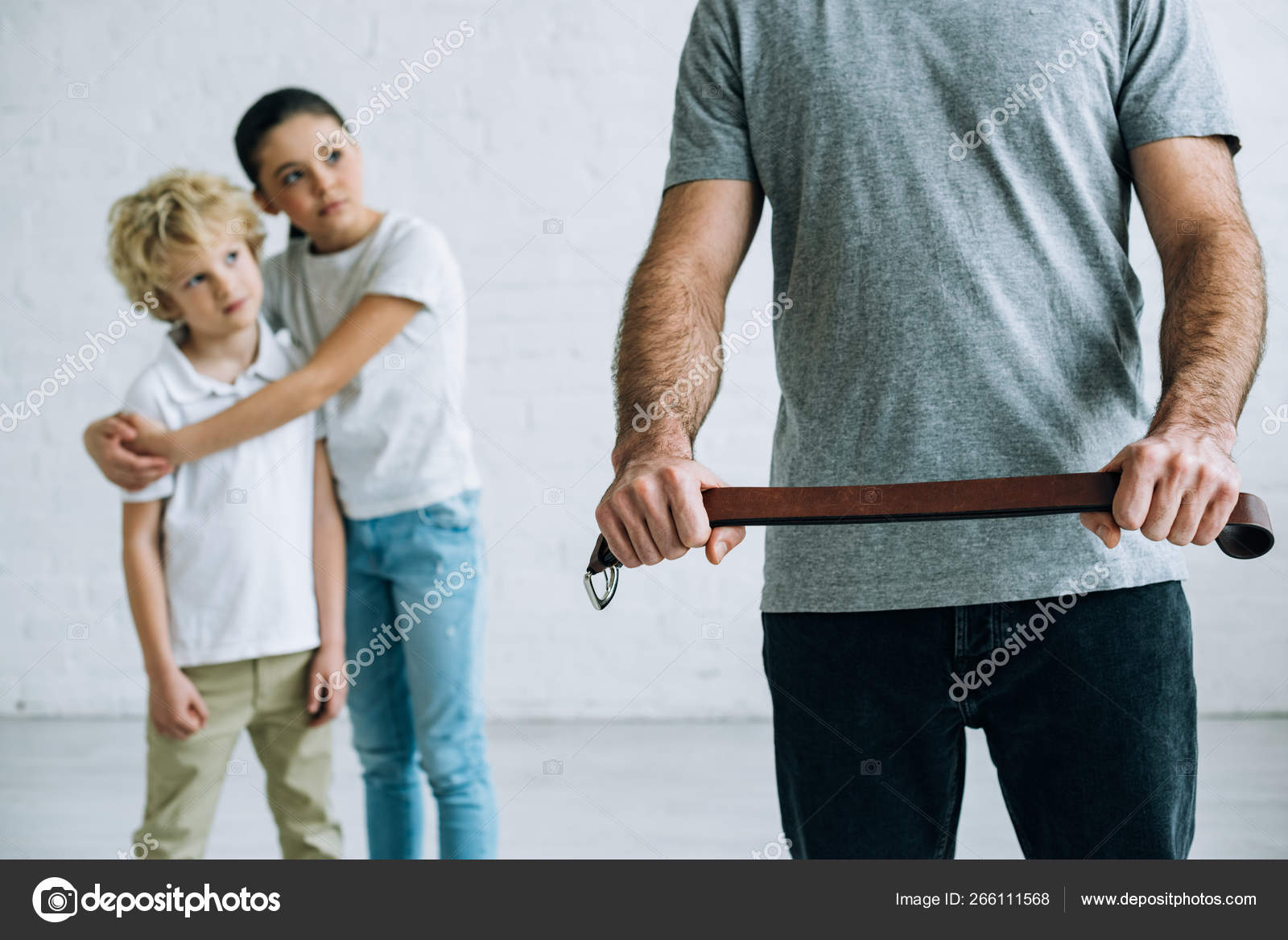 Partial View Abusive Father Belt Embracing Kids Home — Stock Photo