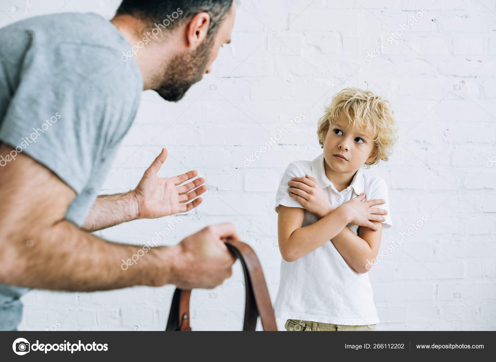 Cropped View Father Holding Belt Scolding Son Home — Stock Photo