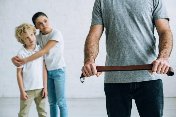 Partial View Abusive Father Belt Embracing Kids Home — Stock Photo, Image