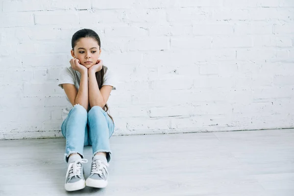 Upset Preteen Child Sitting Floor Home — Stock Photo, Image