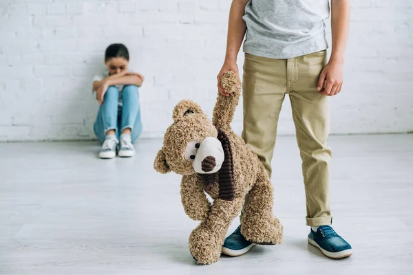 Partial View Boy Teddy Bear His Sister Sitting Floor — Stock Photo, Image