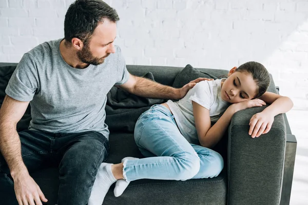 Father Sad Preteen Daughter Having Conflict Home Stock Picture. 