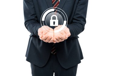 cropped view of businessman with cupped hands near virtual padlock isolated on white  clipart