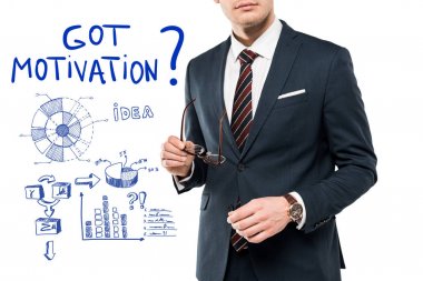cropped view of businessman in suit holding glasses near got motivation lettering on white  clipart