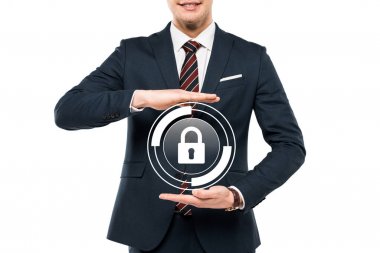 cropped view of businessman in formal wear gesturing near virtual padlock isolated on white  clipart