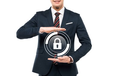 cropped view of businessman in formal wear gesturing near virtual padlock isolated on white  clipart