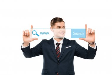 beyaz adres çubuğunda parmakları ile işaret pozitif işadamı 
