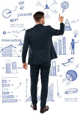 back view of man pointing with finger while standing near charts and graphs on white  clipart