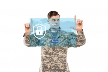 handsome man in military uniform pointing with fingers near virtual padlock with lettering on white  clipart