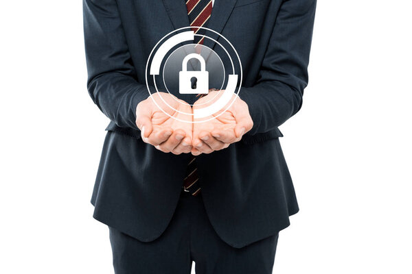 cropped view of businessman with cupped hands near virtual padlock isolated on white 