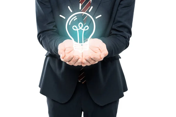Cropped View Businessman Cupped Hands Light Bulb Isolated White — Stock Photo, Image