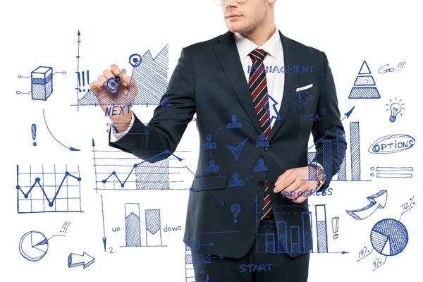 Cropped View Businessman Holding Marker Pen Charts Graphs White — Stock Photo, Image