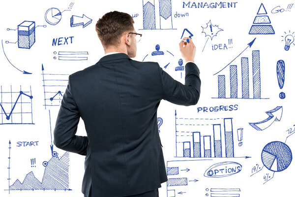 назад представление бизнесмена, держащего маркерную ручку рядом с графиками и графиками, изолированными на белом
 