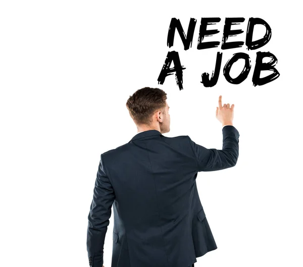 Vista Posterior Del Hombre Apuntando Con Dedo Necesidad Trabajo Letras —  Fotos de Stock