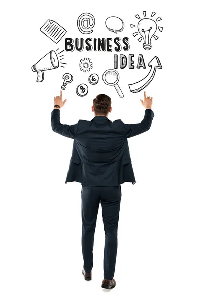 Back View Man Pointing Fingers Business Idea Lettering While Standing — Stock Photo, Image