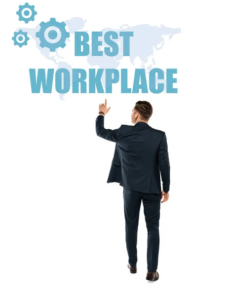 Back View Man Pointing Finger Best Workplace Lettering While Standing — Stock Photo, Image