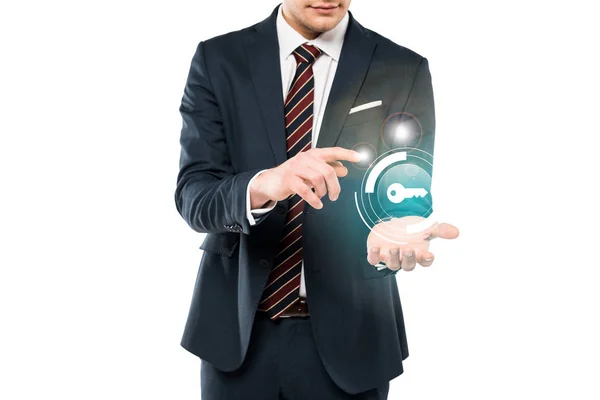 Cropped View Man Suit Pointing Finger Key Icon Isolated White — Stock Photo, Image