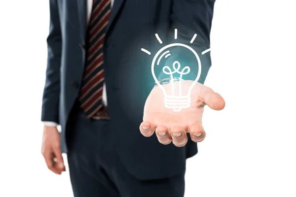 Cropped View Young Man Formal Wear Holding Virtual Light Bulb — Stock Photo, Image