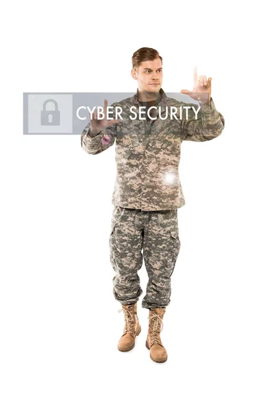 Handsome Man Military Uniform Pointing Fingers Cyber Security Lettering White — Stock Photo, Image