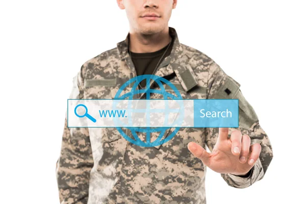 Cropped View Soldier Uniform Pointing Finger Address Bar White — Stock Photo, Image