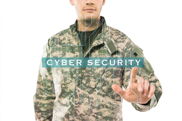 Cropped View Soldier Uniform Pointing Finger Cyber Security Lettering White — Stock Photo, Image