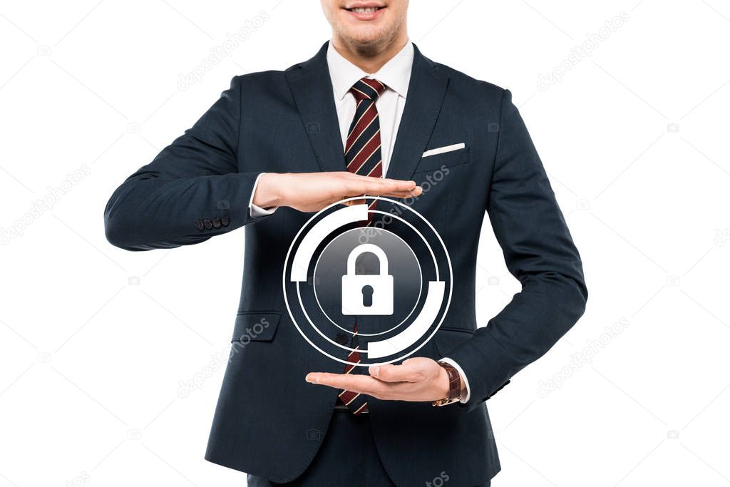 cropped view of businessman in formal wear gesturing near virtual padlock isolated on white 