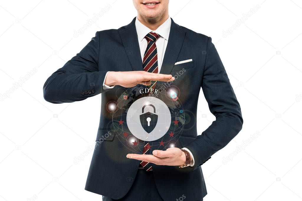 cropped view of businessman in formal wear gesturing near virtual padlock with gdpr lettering isolated on white 