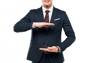 resmi giyim gesturing içinde işadamının kırpılmış görünümü beyaz izole 