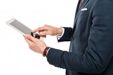 cropped view of businessman using digital tablet with blank screen isolated on white  clipart