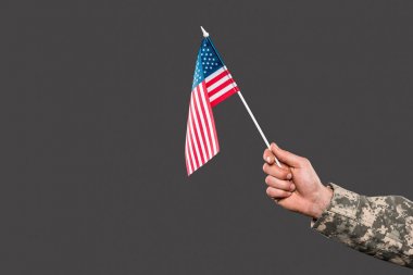 gri izole Amerika bayrağı tutan askerin kırpılmış görünümü 