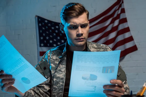 Handsome Military Man Holding Charts Graphs While Sitting Office — Stock Photo, Image